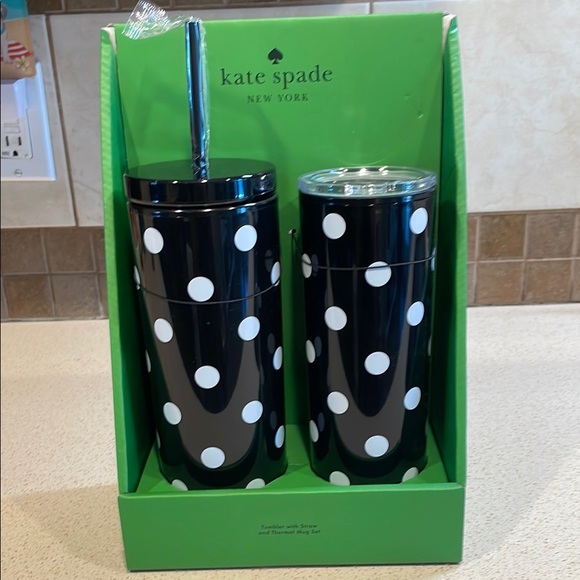 kate spade Other - Kate Spade NIB Black and White Polka Dot Tumbler & Thermal Mug Set